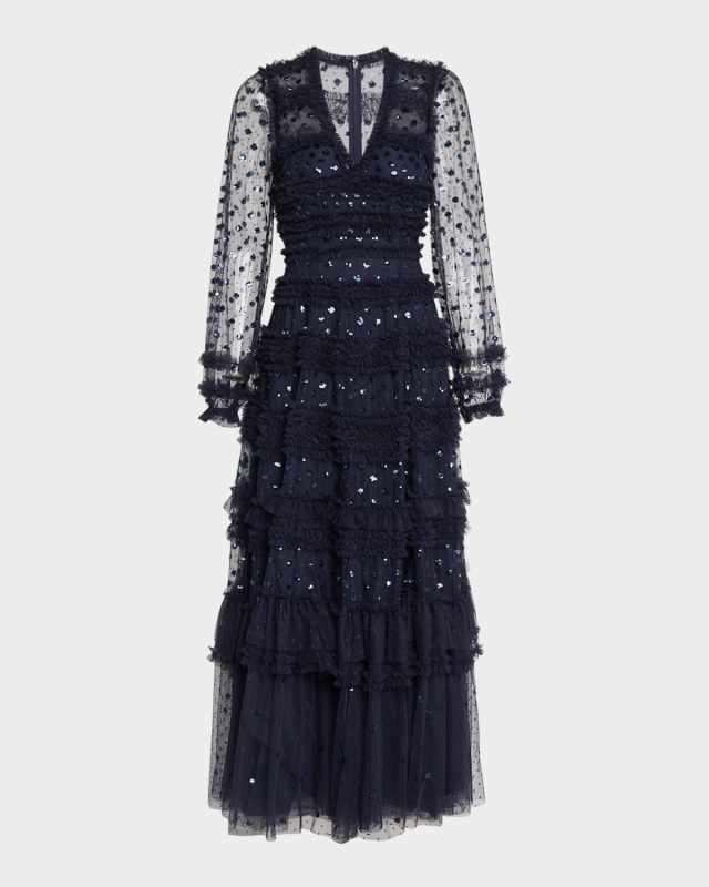 Vivian Tiered Ruffle-Trim Sequin Ankle Gown